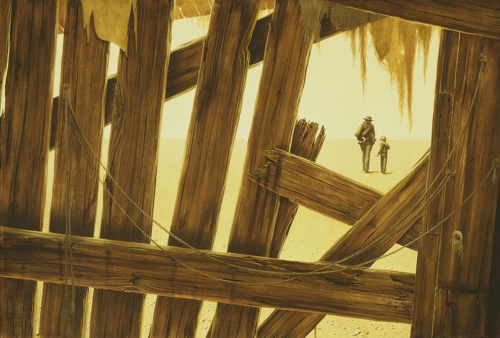 From the inside of a rundown shack, a yellow stretch of desert is visible through weathered boards. Framed by a polygonal space between boards, the last gunslinger Roland Deschain and his companion Jake Chambers can be seen walking away.