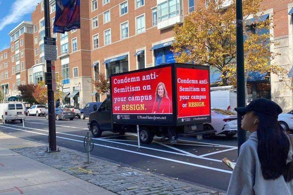 Accuracy in Media has also deployed a truck at the University of Pennsylvania, bashing the school's president Elizabeth Magill for not condemning antisemitism on campus in the wake of a pro-Palestine literature fest.