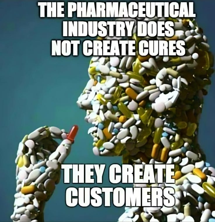 Illustration of a human head composed of pills, symbolizing how the pharmaceutical industry creates customers rather than cures.