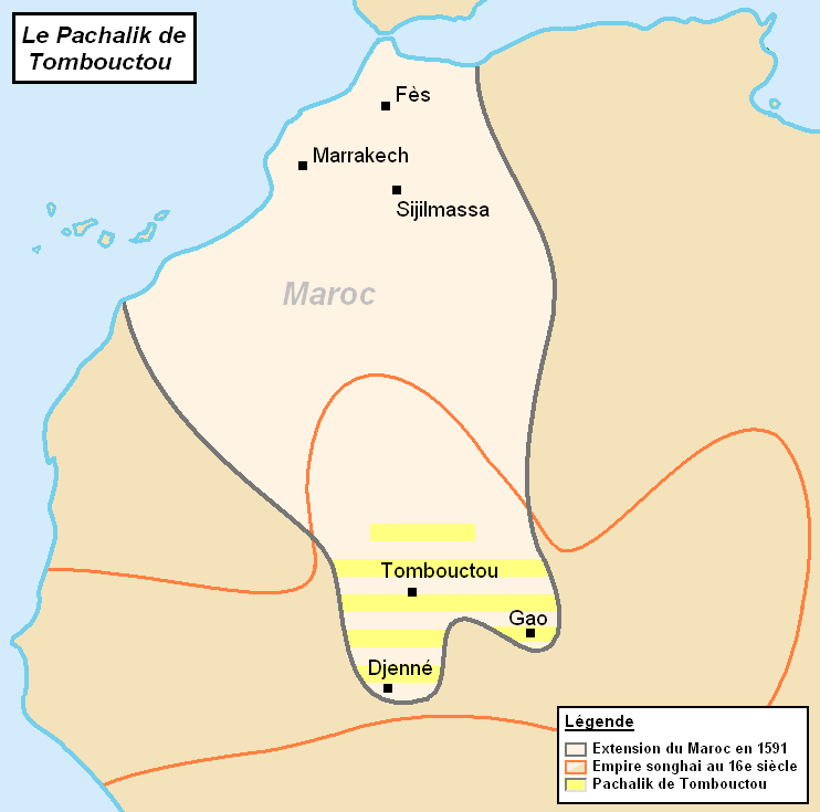 Map of the Pashalik of Timbuktu (striped) as part of Morocco, late 16th century.