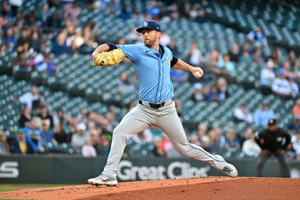 Jeffrey Springs of the Tampa Bay Rays throws a pitch during the first inning against the Seattle Mariners at T-Mobile Park on August 27, 2024 in...