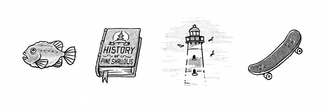 spot art: fish, history book of pine shallows, the lighthouse, a skateboard