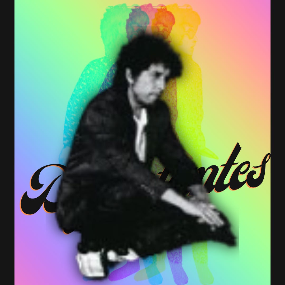 Photo of Dylan sitting on ground from Under the Red Sky album cover superimposed over Dylantantes logo.
