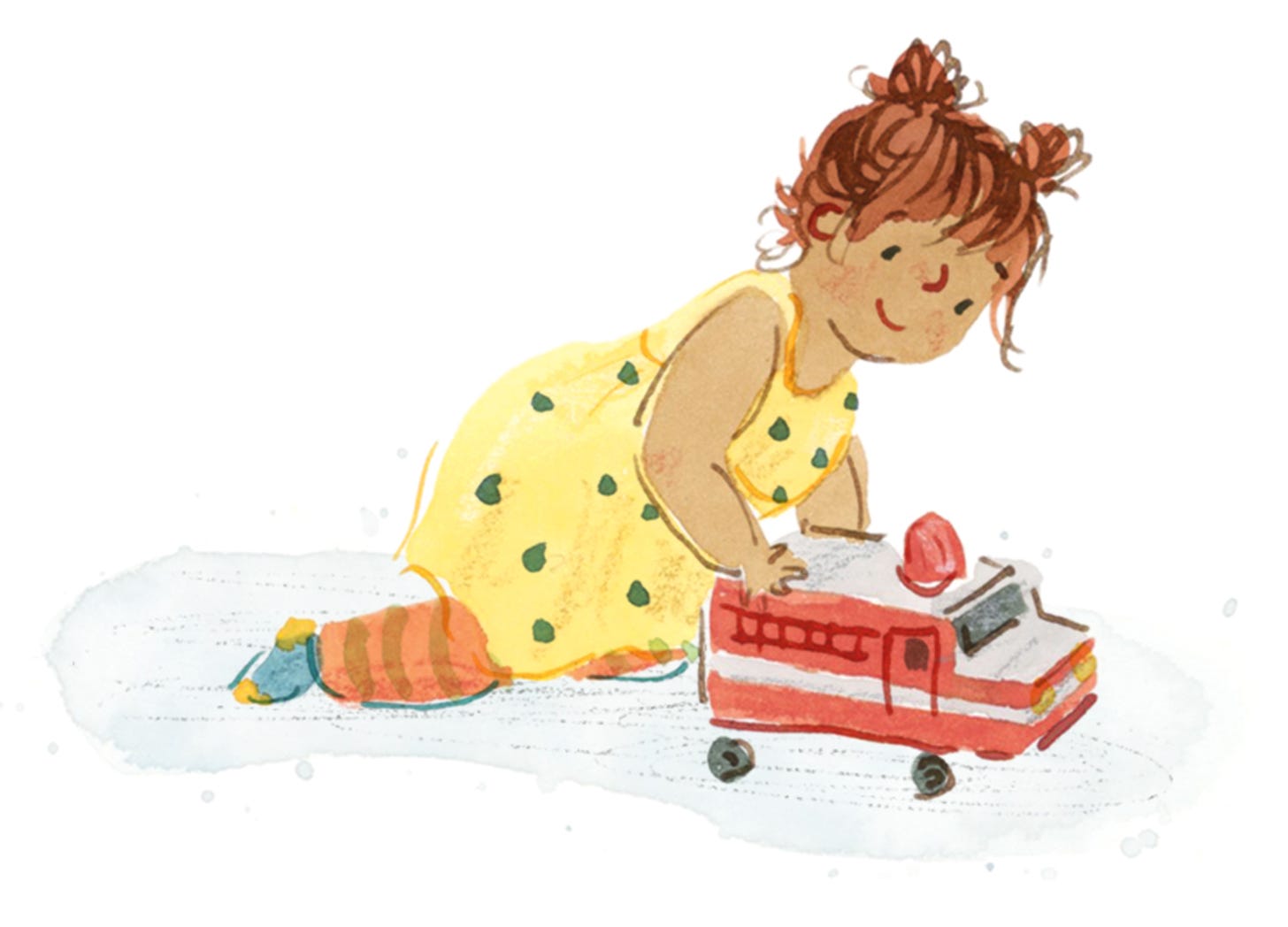 watercolour and ink illustration by Nanette Regan of a 3 year old girl playing with a toy fire engine