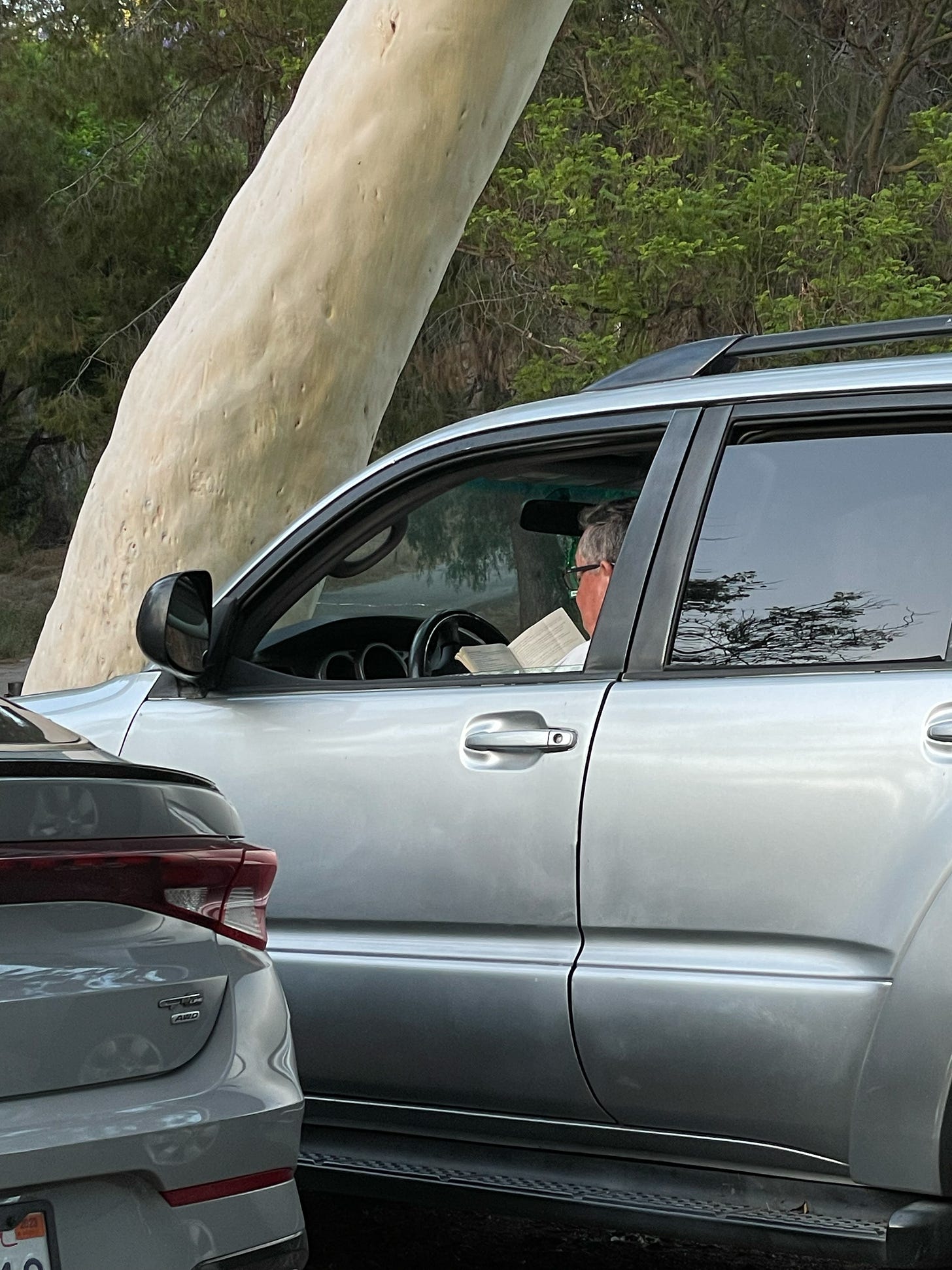 Bespectacled man reading a book in his car with the window open.