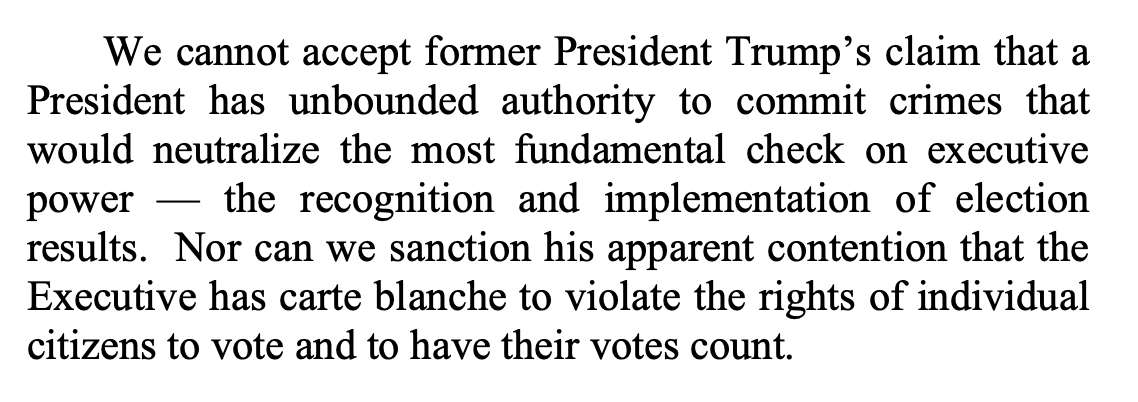 We cannot accept former President Trump’s claim that a President has unbounded authority to commit crimes that would neutralize the most fundamental check on executive power — the recognition and implementation of election results. Nor can we sanction his apparent contention that the Executive has carte blanche to violate the rights of individual citizens to vote and to have their votes count.