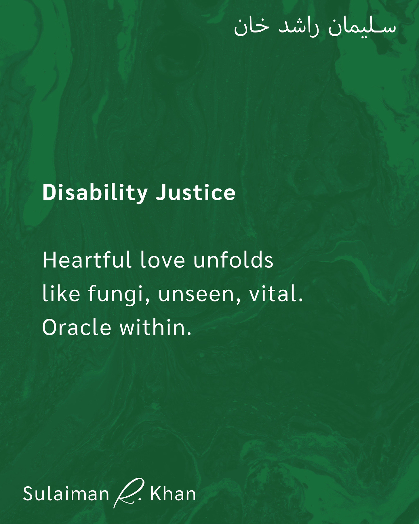 Alt Text: White text of a Haiku on Disability Justice by Sulaiman that says, “Heartful love unfolds like fungi, unseen, vital. Oracle within.”