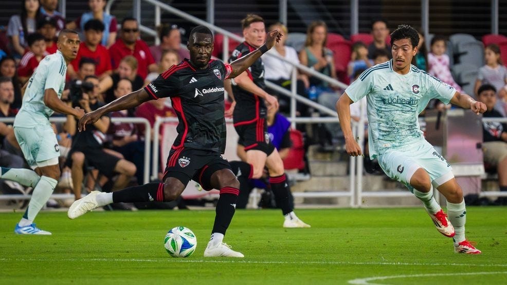 D.C. United forward Christian Benteke (20) clears the ball against the Colorado Rapids during a game at Audi Field on Saturday, May 3, 2025. (Daniel Sperling/7News)