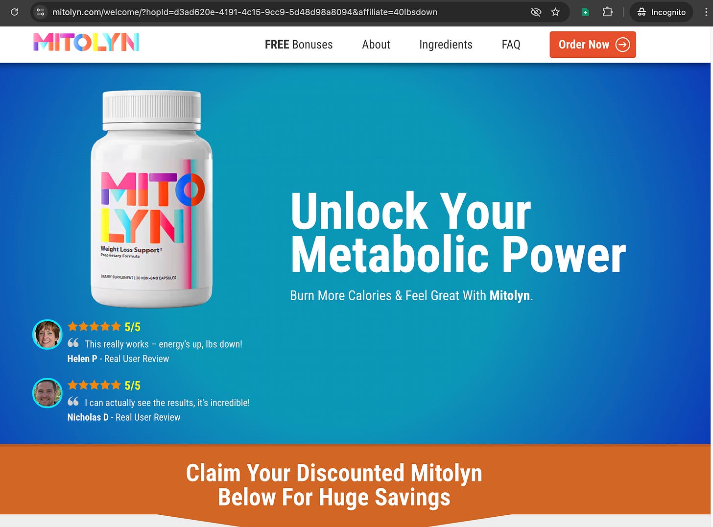 screenshot of the mitolyn.com website, showing 2 reviews from "customers" with GAN-generated faces