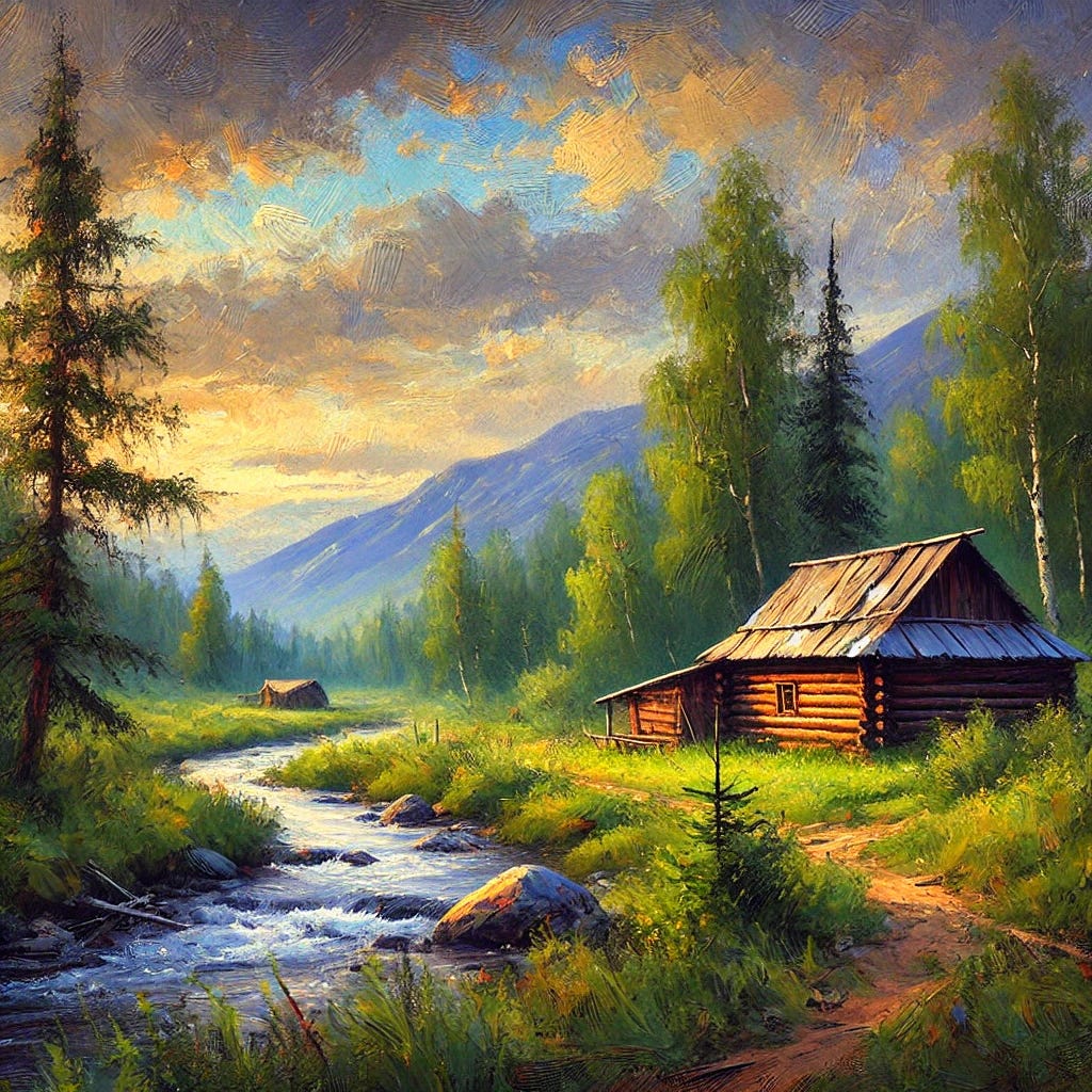 A serene Siberian landscape in the style of an expressive oil painting. The scene should depict a remote, rustic setting in the Altai mountains with a small wooden cabin surrounded by lush green forests and a nearby river flowing gently. The sky should be a mixture of warm and cool colors, suggesting a peaceful evening or early morning. Emphasize the rich textures and bold brush strokes characteristic of an oil painting, creating a vibrant yet tranquil atmosphere.