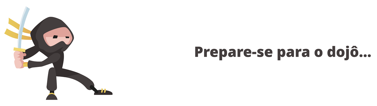 "Ilustração de um ninja com a roupa preta e pequenas faixas amarelas servindo de detalhe nas extremidades da roupa. Ele está de olhos cerrados como se estivesse se concentrando e segurando uma espada katana com as duas mãos em posição de ataque. Ao seu lado há o texto: prepare-se para o dojô..."