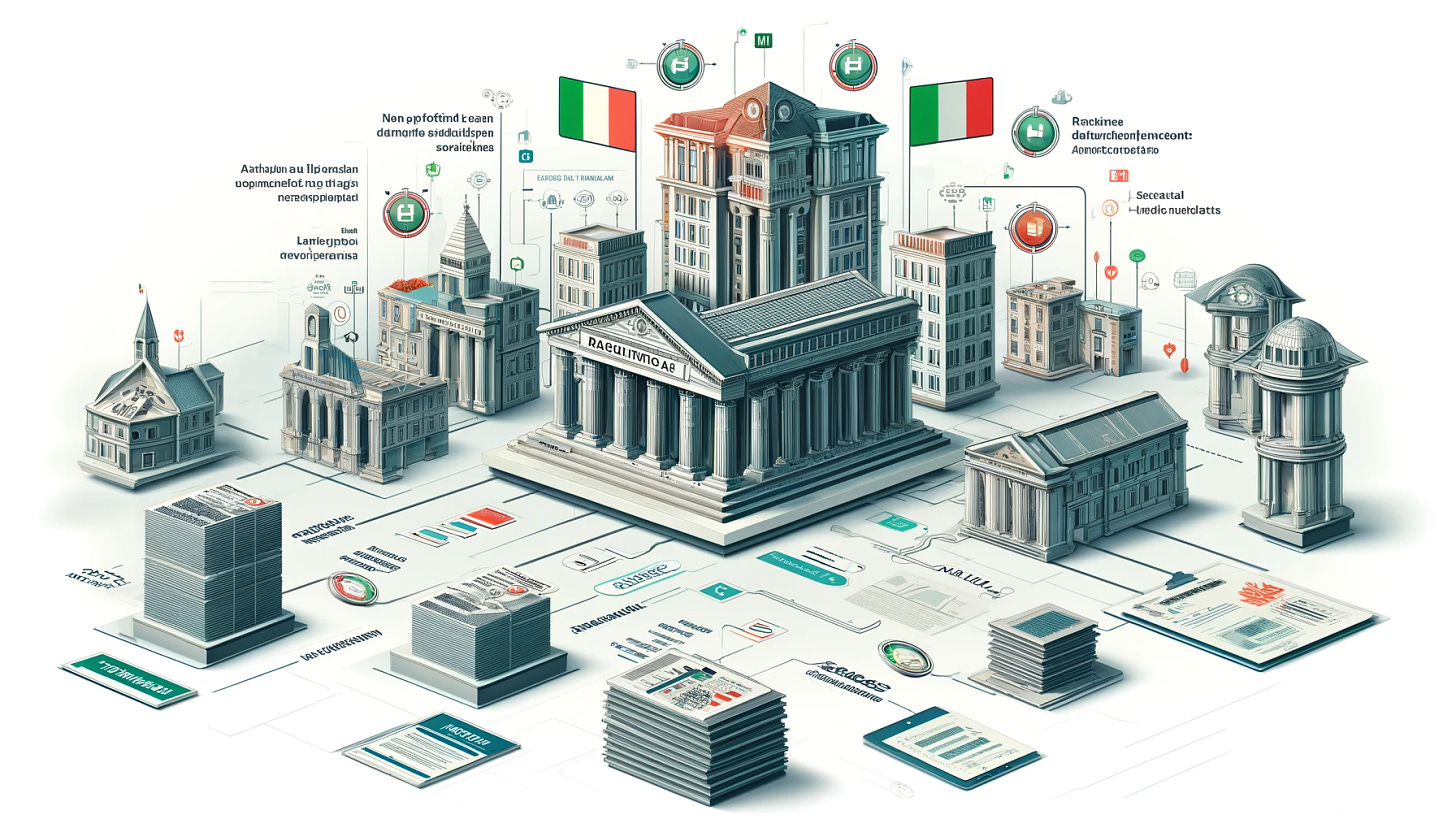 An illustration representing the structure of Italian NPL (Non-Performing Loan) securitizations with a focus on rating agencies. The image should feature a detailed and professional design, showcasing various elements such as buildings representing banks, stacks of loan documents, a flowchart or diagram indicating the securitization process, and symbols or logos of rating agencies. The background should be clean and corporate with subtle Italian motifs, like the Italian flag colors integrated into the design.