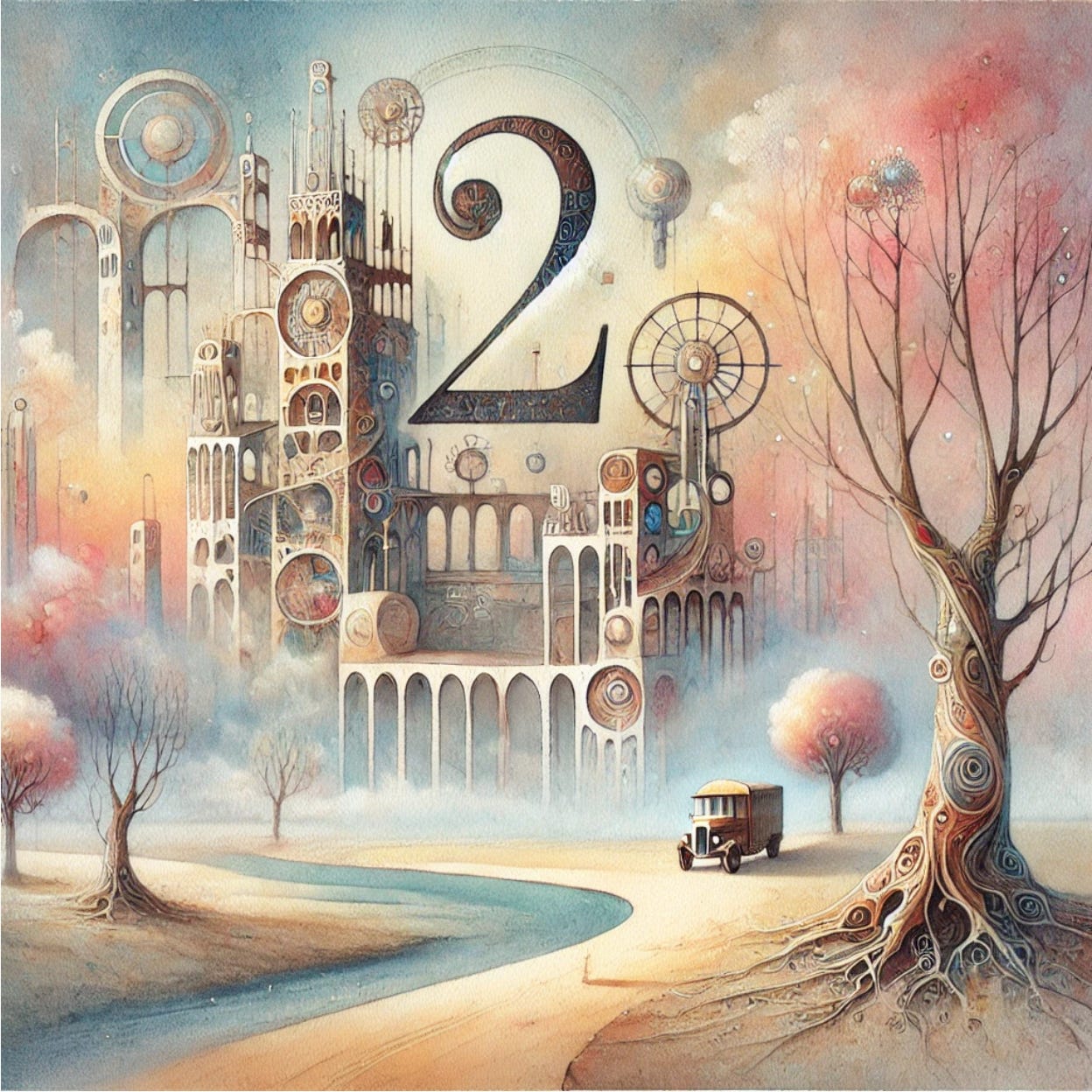 An AI-generated image that shows a watercolor painting of a whimsical castle by the trees with the number 2 displayed prominently in the sky below a slight arc of the building. This image is the cover for Clue #2 for The Weekly Whoop #6