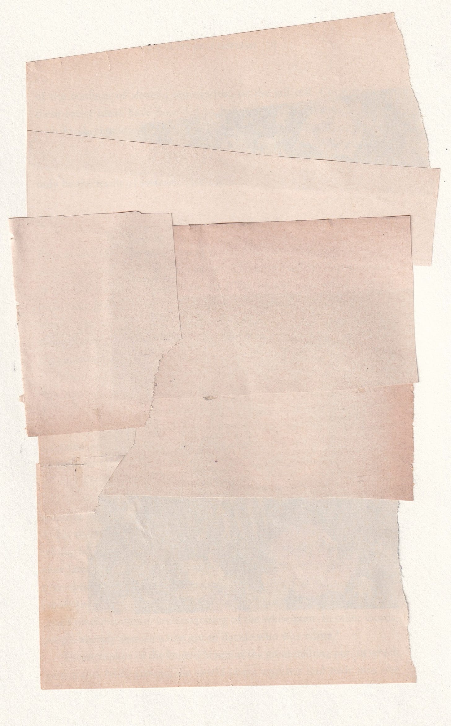 abstract composition of buff or off-white scraps of vintage paper arranged to cover text from the page of a banned book