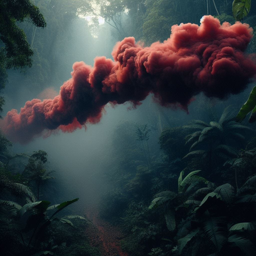 “An elongated cloud of red smoke hovers over a jungle floor menacingly.”