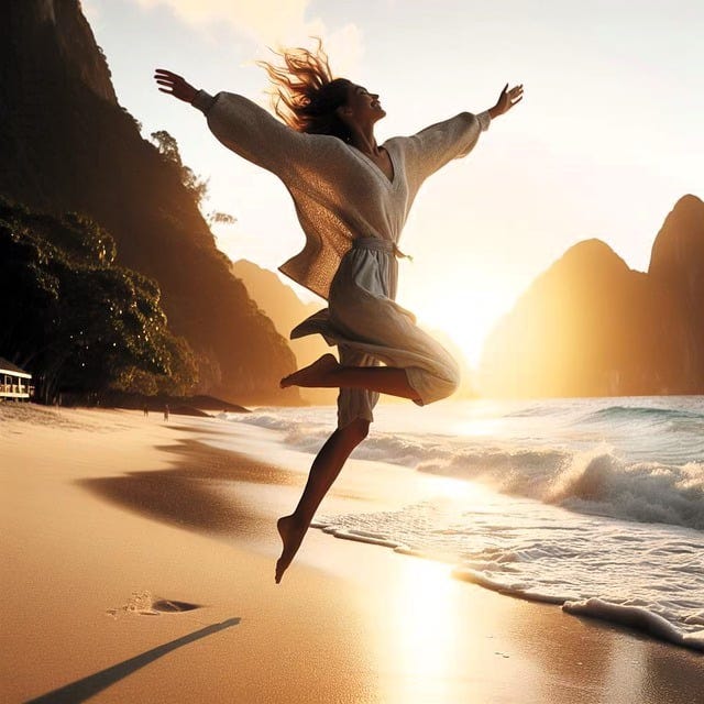 woman jumping on beach with sunrise