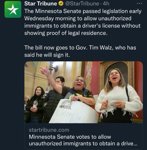 May be an image of 4 people and text that says 'Star Tribune @StarTribune 4h The Minnesota Senate passed legislation early Wednesday morning to allow unauthorized immigrants to obtain a driver's license without showing proof of legal residence. The bill now goes to Gov. Tim Walz, who has said he will sign it. COPÁL startribune.com Minnesota Senate votes to allow unauthorized immigrants to obtain a drive...'