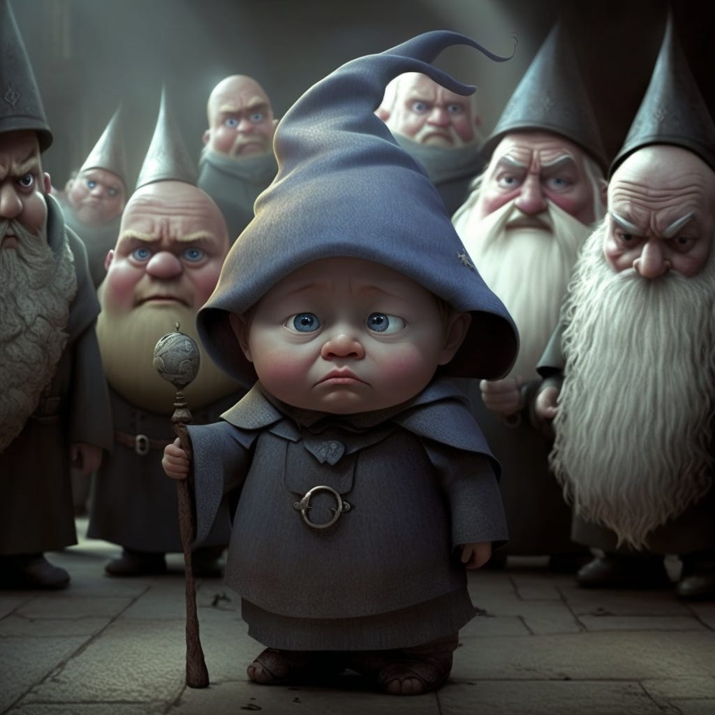 Baby wizard surrounded by adult wizards