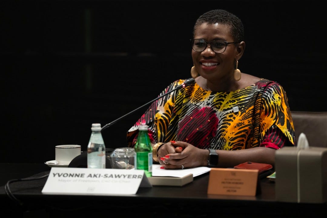 C40 Co-Chair and Mayor of Freetown Yvonne Aki-Sawyerr, speaking at COP28. 