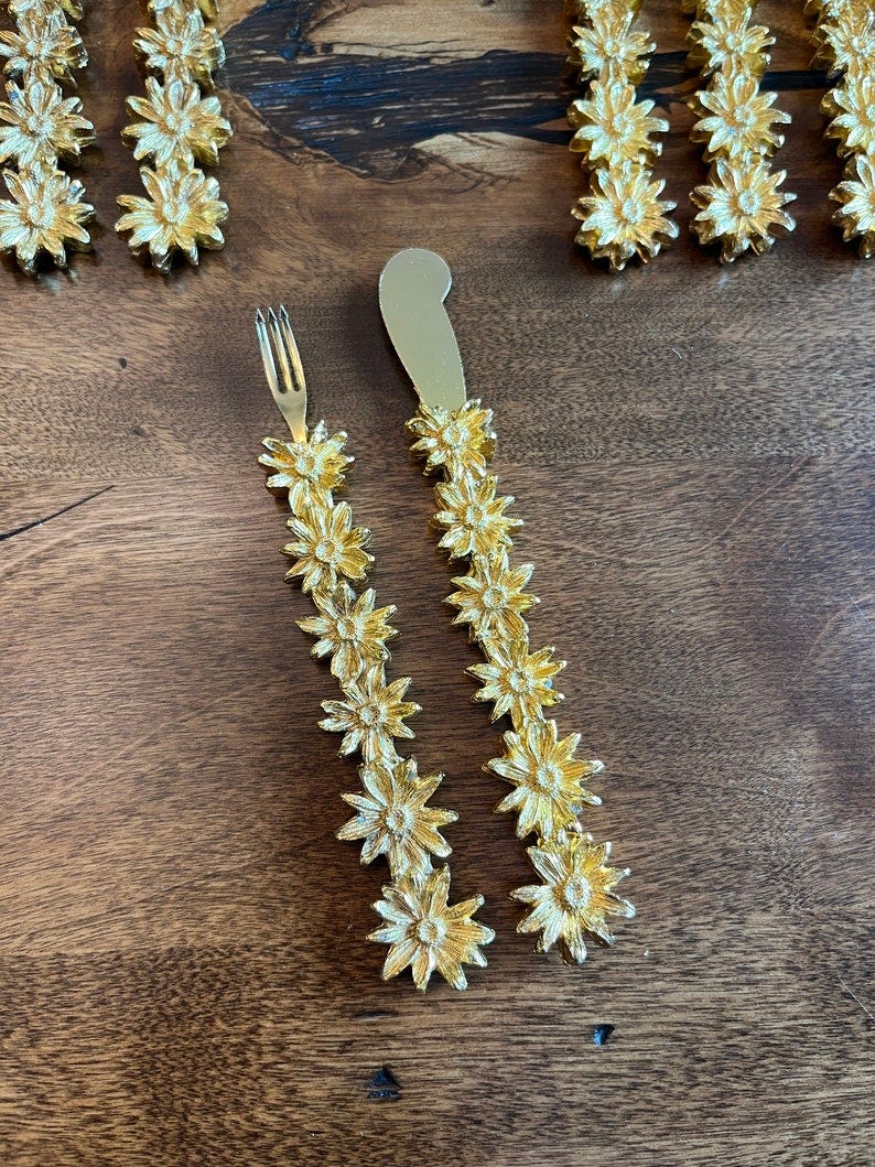 Vintage Gold colored Condiment forks and knives ornate flower handles olives, pickles, cocktail utensils image 3