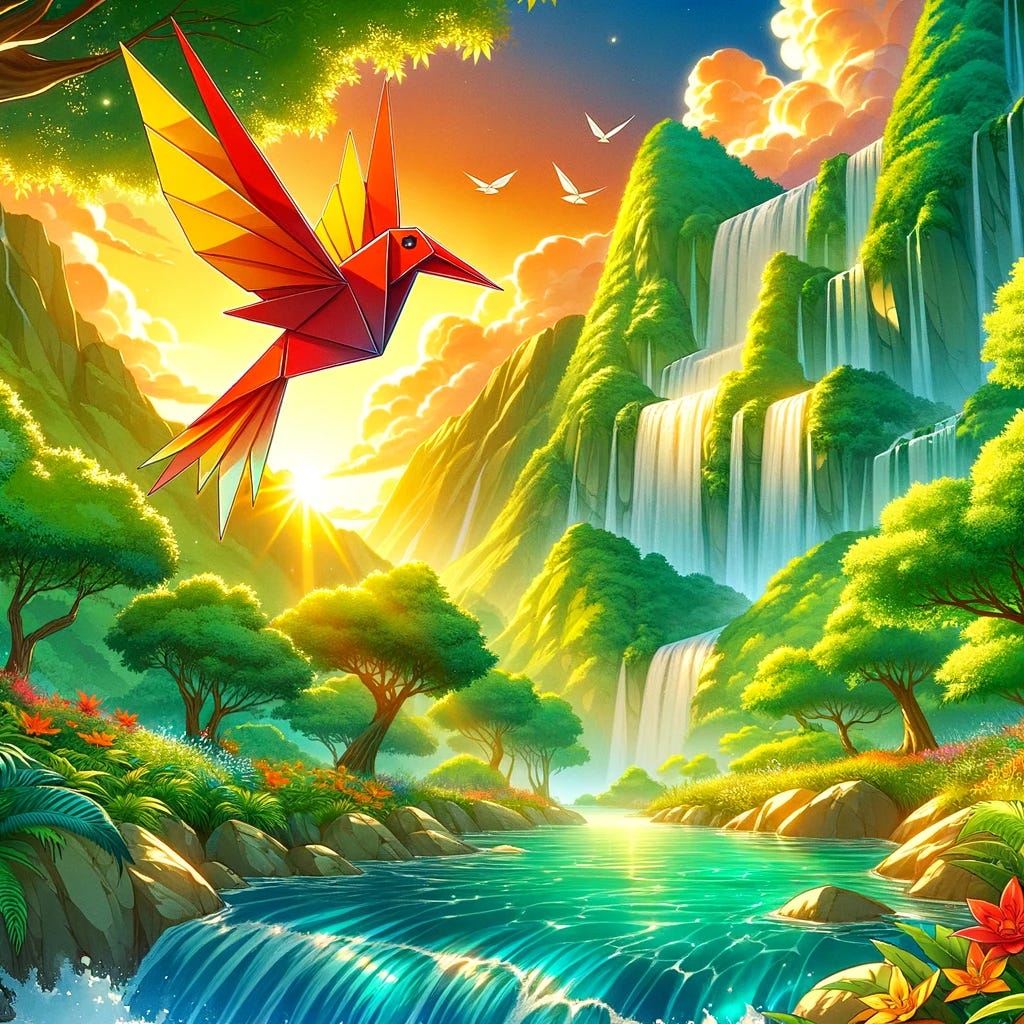 Integrate the origami hummingbird with its red to yellow gradient into the anime-style landscape featuring a majestic waterfall and lush greenery, as shown in the uploaded image. The art style is vibrant and detailed, characteristic of anime, with exaggerated color saturation and dramatic lighting that captures the fantastical essence of the scene. The bird should be flying gracefully, its colors harmonizing with the vivid environment of the waterfall, which is bathed in the golden light of the sunset. The entire image should maintain the whimsical and exaggerated features typical of an anime illustration.