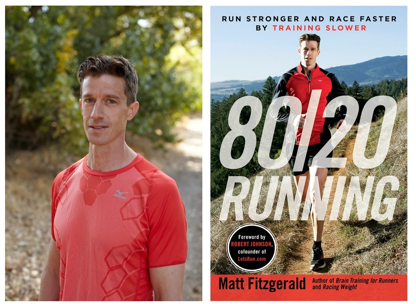 A photo of author Matt Fitzgerald in front of some foliage on the left and the cover of his book, 80/20 Running on the right.