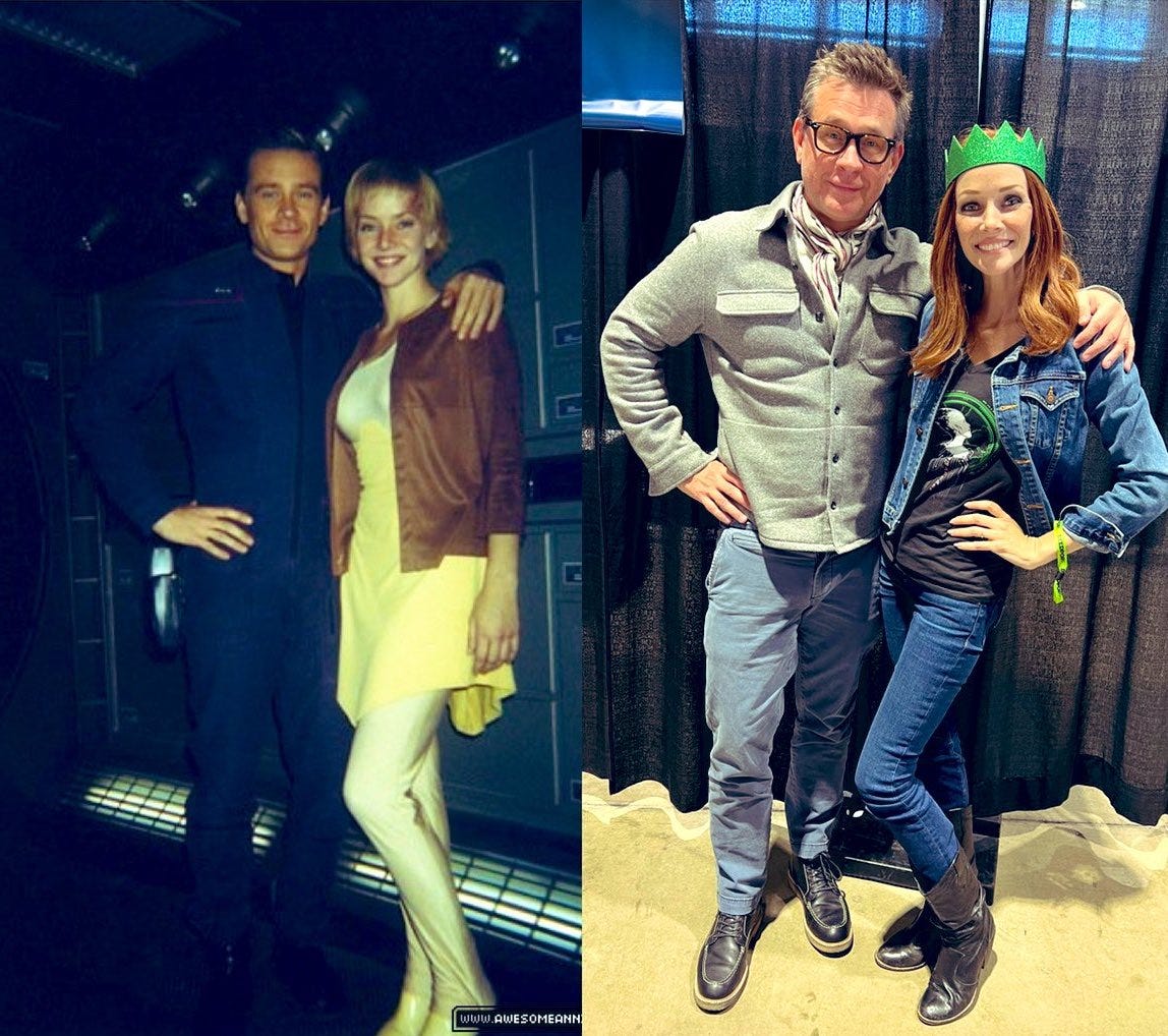 This diptych shows, on the left, Connor Trinneer and Annie Wersching smiling for a production still taken while filming Star Trek: Enterprise's 20th episode, "Oasis." The right panel shows Trinneer and Wersching smiling for the cameras at the Star Trek: Mission Chicago convention held in April 2022. This diptych shows, on the left, Connor Trinneer and Annie Wersching smiling for a production still taken while filming Star Trek: Enterprise's 20th episode, "Oasis." The right panel shows Trinneer and Wersching smiling for the cameras at the Star Trek: Mission Chicago convention held in April 2022.