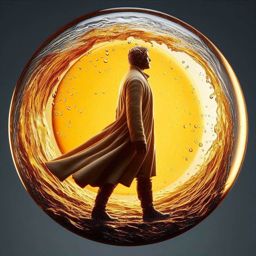 resin sun inside glass; tiltshift /flying at angles/ 8d angled glass embedded /beautiful, heroic, strong handsome, rotund Nigerian man / velvet blonde, cream, ivory long coat/ black leather boots. water in resin/ ; he is at Monks mound at Cahokia / amber cream,tsunami full of fire/ reverberating waves. black hole in floor/ water in resin verdigris/ In the style of Michael Parkes. black etching/ black linework/ daytime sky/fluffy clouds 