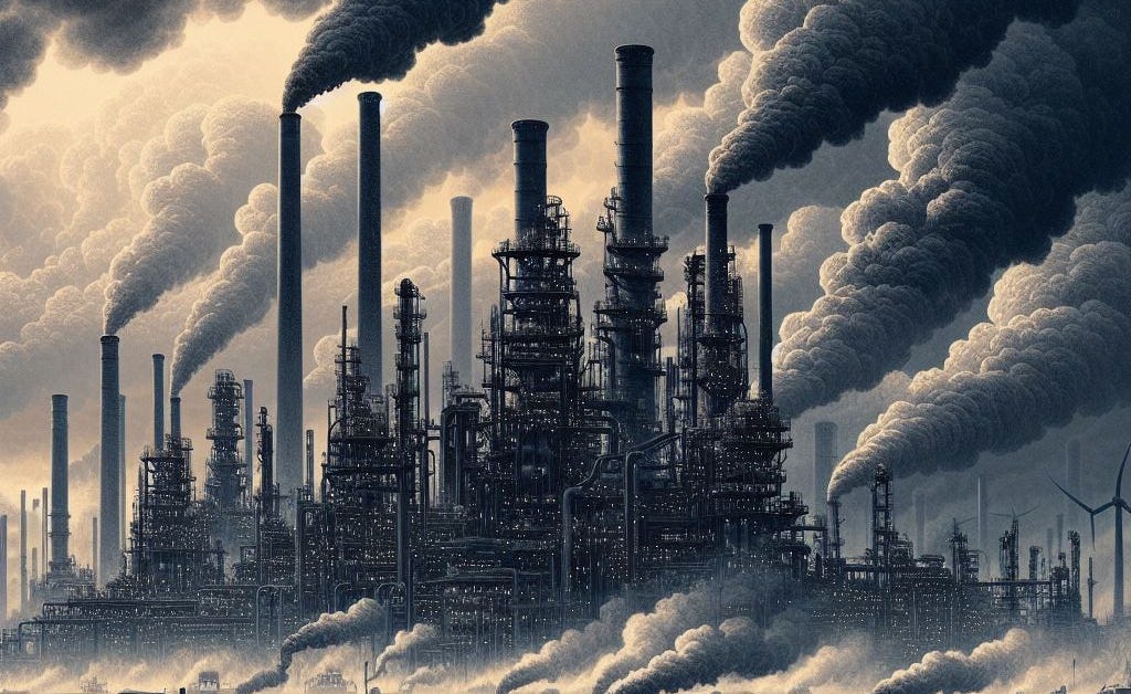 An AI illustration of a massive oil refinery in the desert, black smoke spilling from dozens of chimneys.