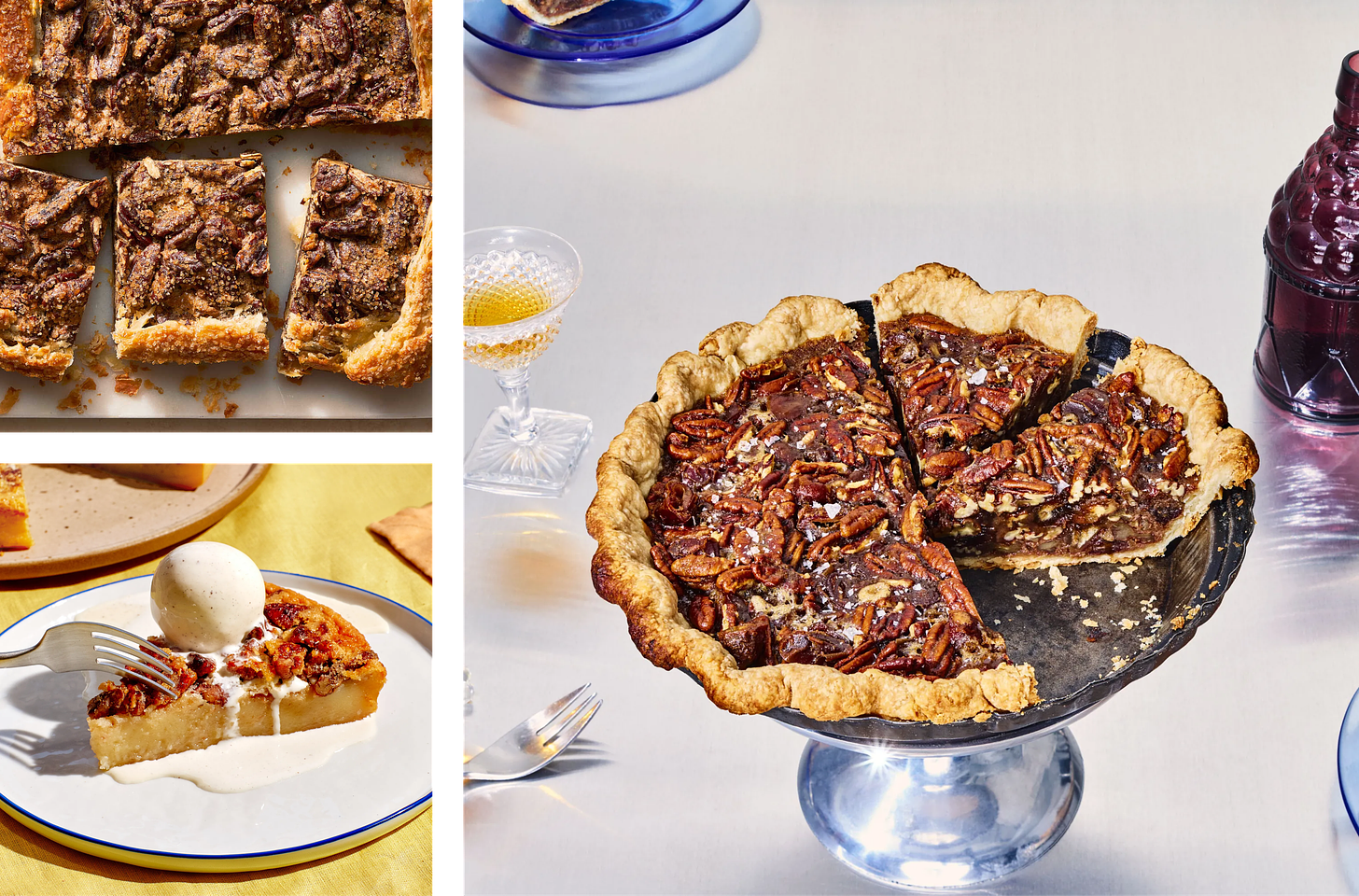 clockwise from top left: a pecan slab pie, a pecan pie on a glass serving dish on reflective table, and a pecan cake with a scoop of vanilla ice cream melting over it on a yellow tablecloth