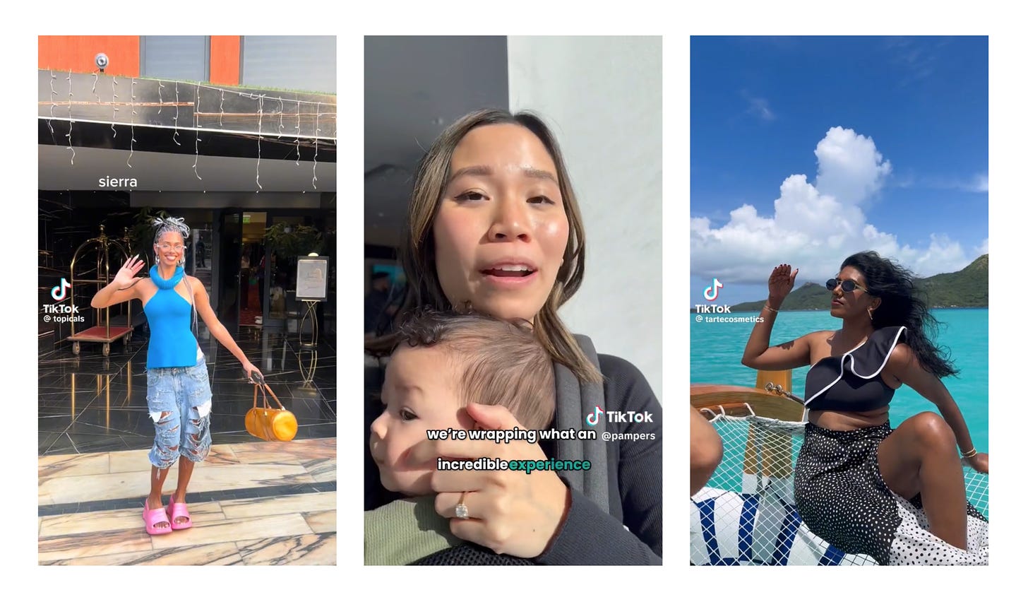 Screenshots of 3 brand influencer trips, one from Topicals in Ghana, one from Pampers in Ohio and one from Tarte in Bora Bora