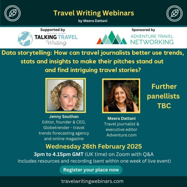 A dark green graphic showing two women who will be part of an upcoming webinar - Data storytelling in travel journalism - which is taking place on Wednesday 26 February 2025 at 3pm GMT.