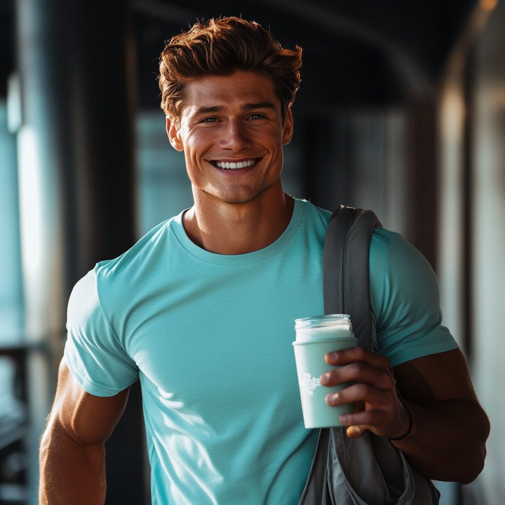 Fit healthy man wearing a light blue shirt drinking a why protein shake after exercise. 