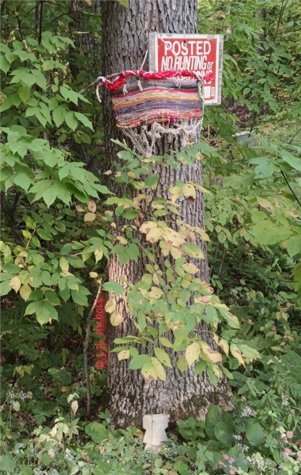A deconstructed Sari "rag" rug from India rests on a No Trespassing Sign on a tree in a Wisconsin wood.