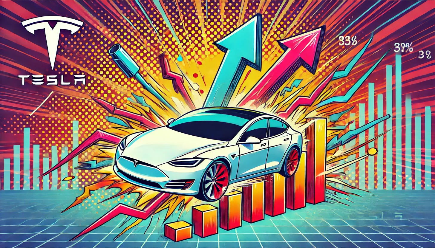 A vibrant, pop-art style illustration showing a Tesla car breaking through a bar chart with rising financial lines and growth arrows, symbolizing exceeding quarterly expectations. The Tesla logo should be prominent, and the overall image should give a feeling of power and financial success, with bright colors and dynamic action.