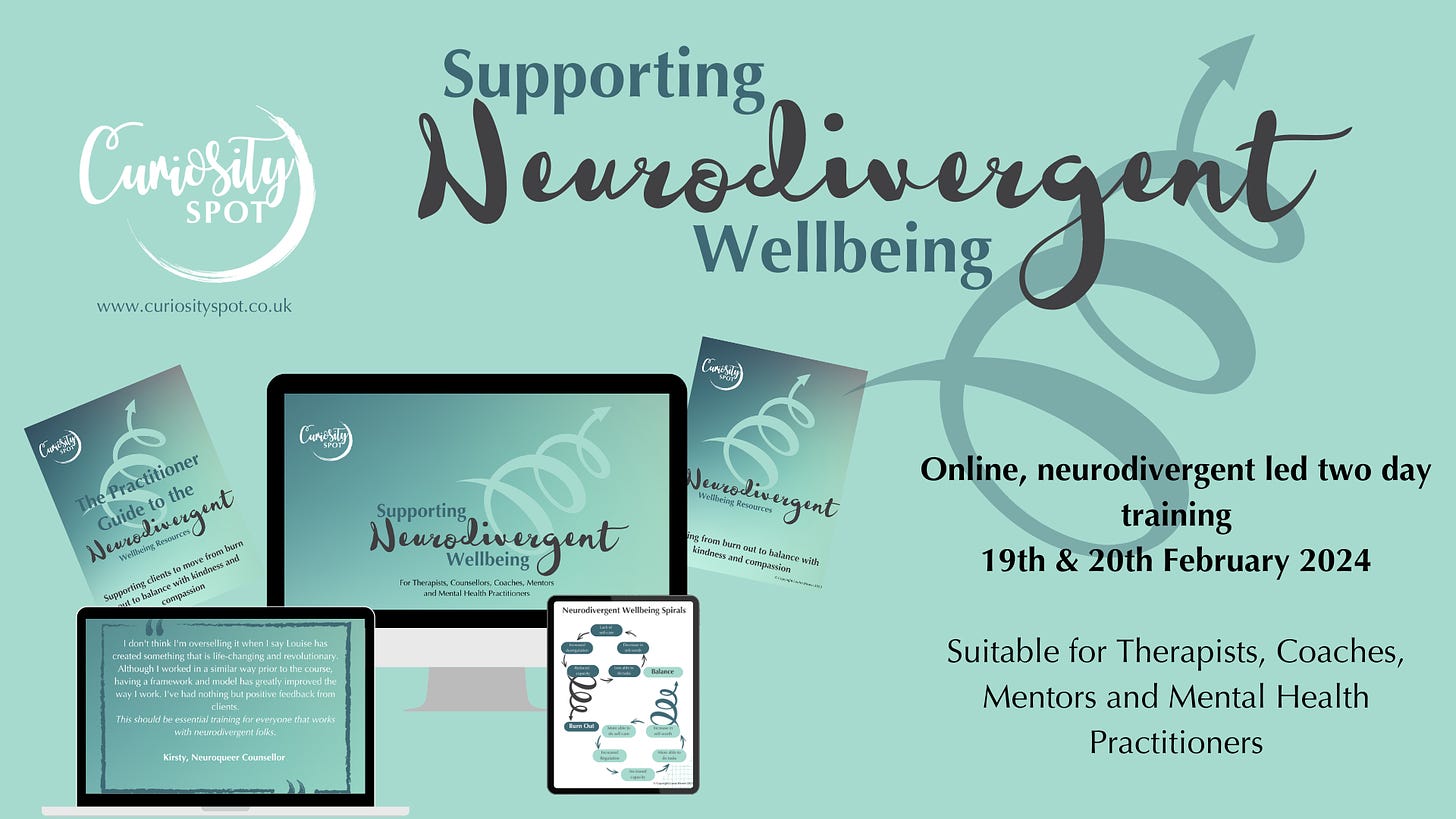 Supporting Neurodivergent Wellbeing Online neurodivergent led two day trianng 19th &20th February 2024. Suitable for Threapists, coaches, mentors and mental health practitioners