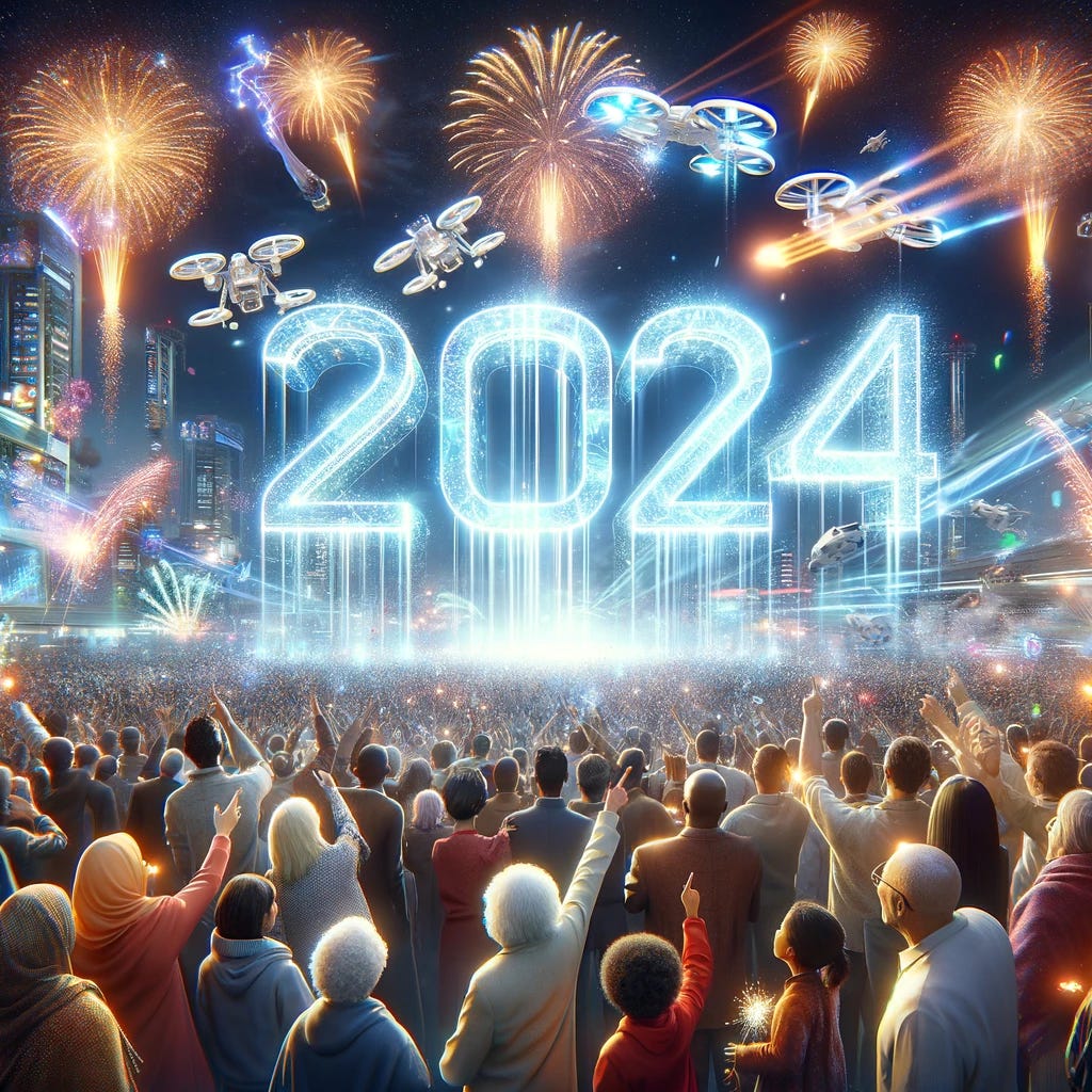 Modifying the previous image to prominently feature the year '2024' in the festive and futuristic celebration scene. The image now includes large, holographic numbers '2024' floating in the sky, glowing brightly amidst the fireworks and high-tech ambiance. This symbolizes the transition from 2023 to 2024. The diverse crowd, including mature adults and people of South American, Caucasian, Black, Middle-Eastern, and other descents, are gathered around, pointing and looking up at the '2024' with expressions of joy and hope. The scene captures the essence of welcoming the new year with enthusiasm and a sense of unity, amidst a backdrop of advanced technology like drones and hover cars.