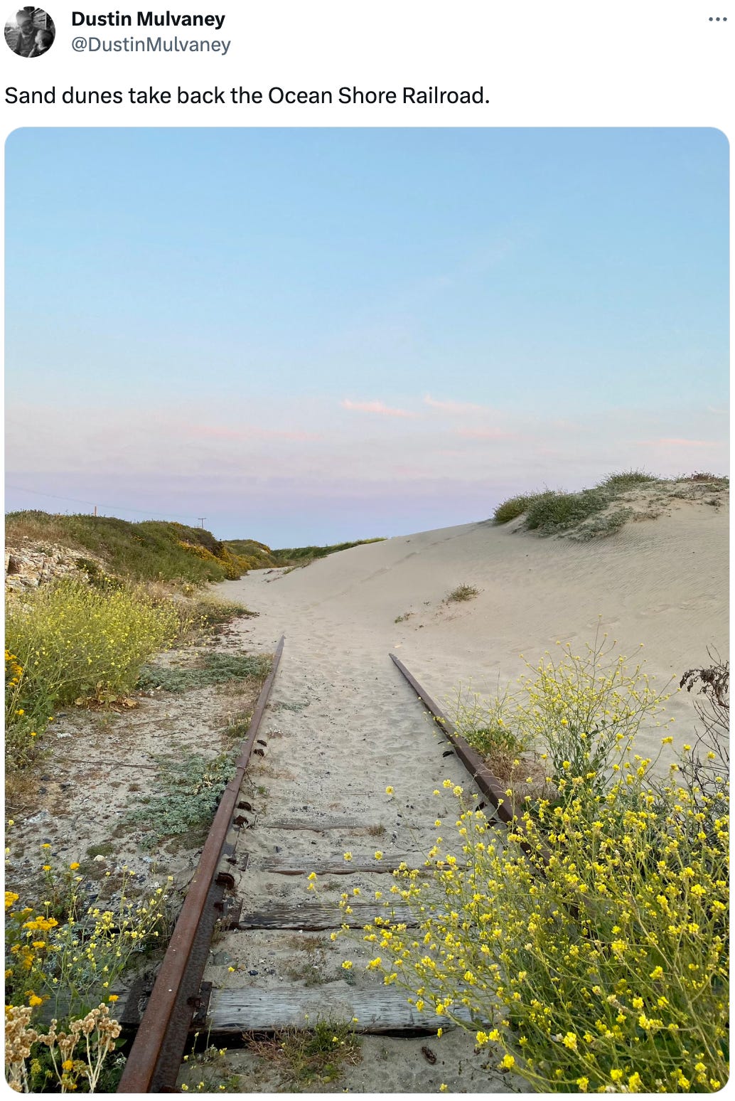  See new Tweets Conversation Dustin Mulvaney @DustinMulvaney Sand dunes take back the Ocean Shore Railroad.