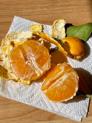 Orange peeled and in half sitting on a white paper towel