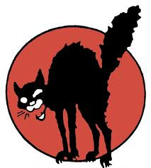 illustration of a black cat with its back scrunched up and tail fluffy, meowing, in front of a red circle