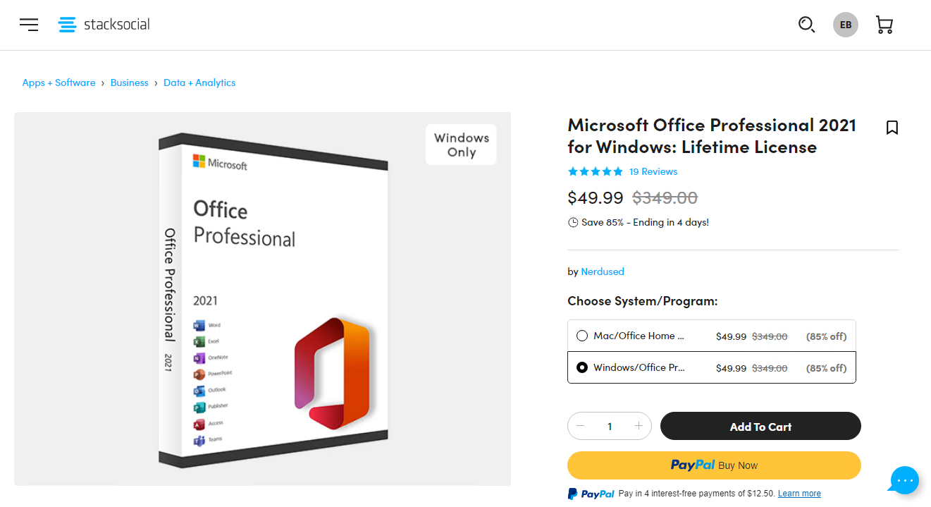 Screenshot of a deal offering Office Professional 2021 for $49.95 