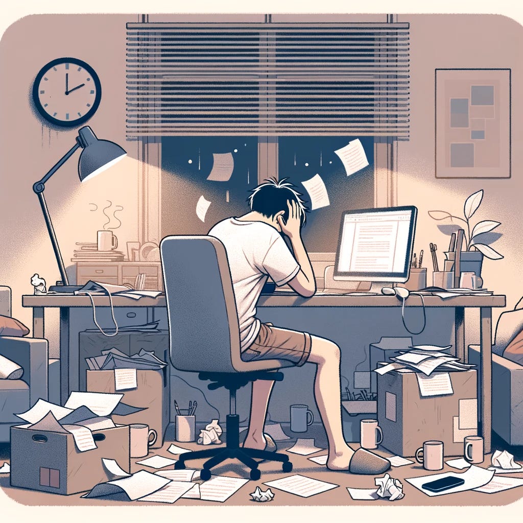 Illustration of a room with soft, muted colors. A person of South Asian descent is seated at a home workstation, surrounded by scattered papers, coffee mugs, and multiple electronic devices. They are wearing shorts and slippers, holding their head with both hands, their posture slumped, expressing feelings of exhaustion and burnout. The room has dim lighting, with a wall clock showing late hours, emphasizing the long hours they've worked.