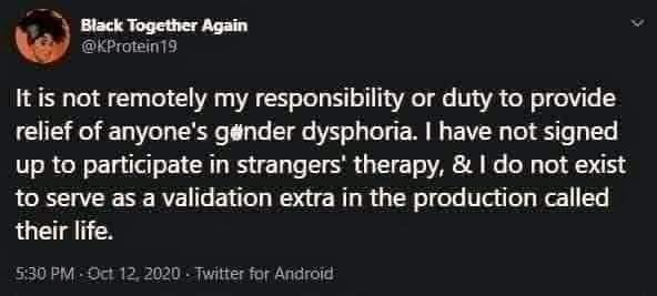 May be an image of text that says 'Black Together Again @KProtein19 It is not remotely my responsibility or duty to provide relief ot anyone's gender dysphoria. I have not signed up to participate in strangers' therapy, I do not exist to serve as a validation extra in the production called their life. 2020 Twitter for Android'