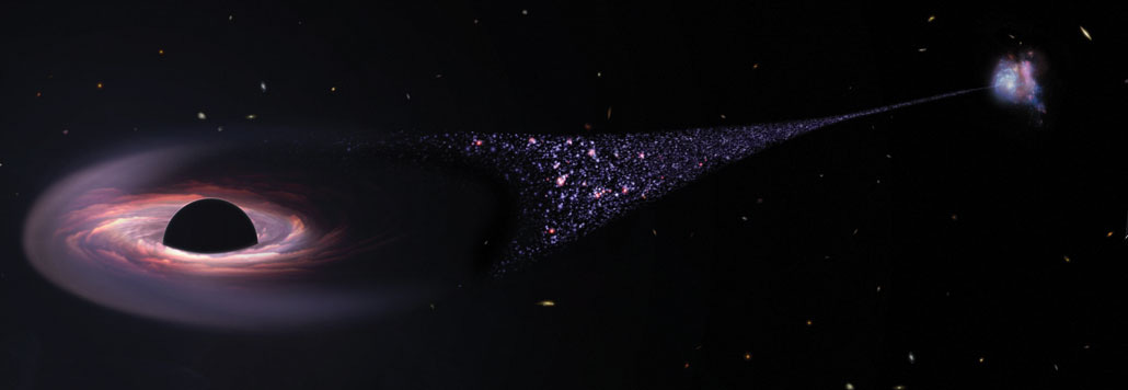illustration of a wandering black hole with a trail of stars leading back to its origin galaxy