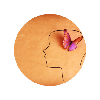 outline of human profile on brown paper with a pink butterfly in the center