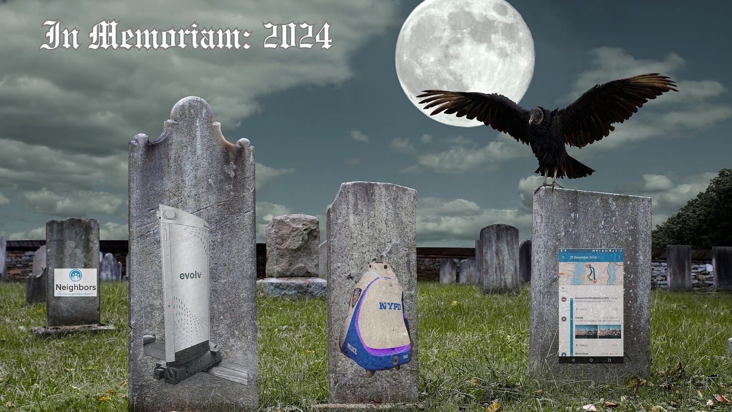 An image of a cemetery with a vulture with its wings spread sitting on top of a gravestone. Four graves have images of four different surveillance technologies. At the top left is the words "In Memoriam: 2024"