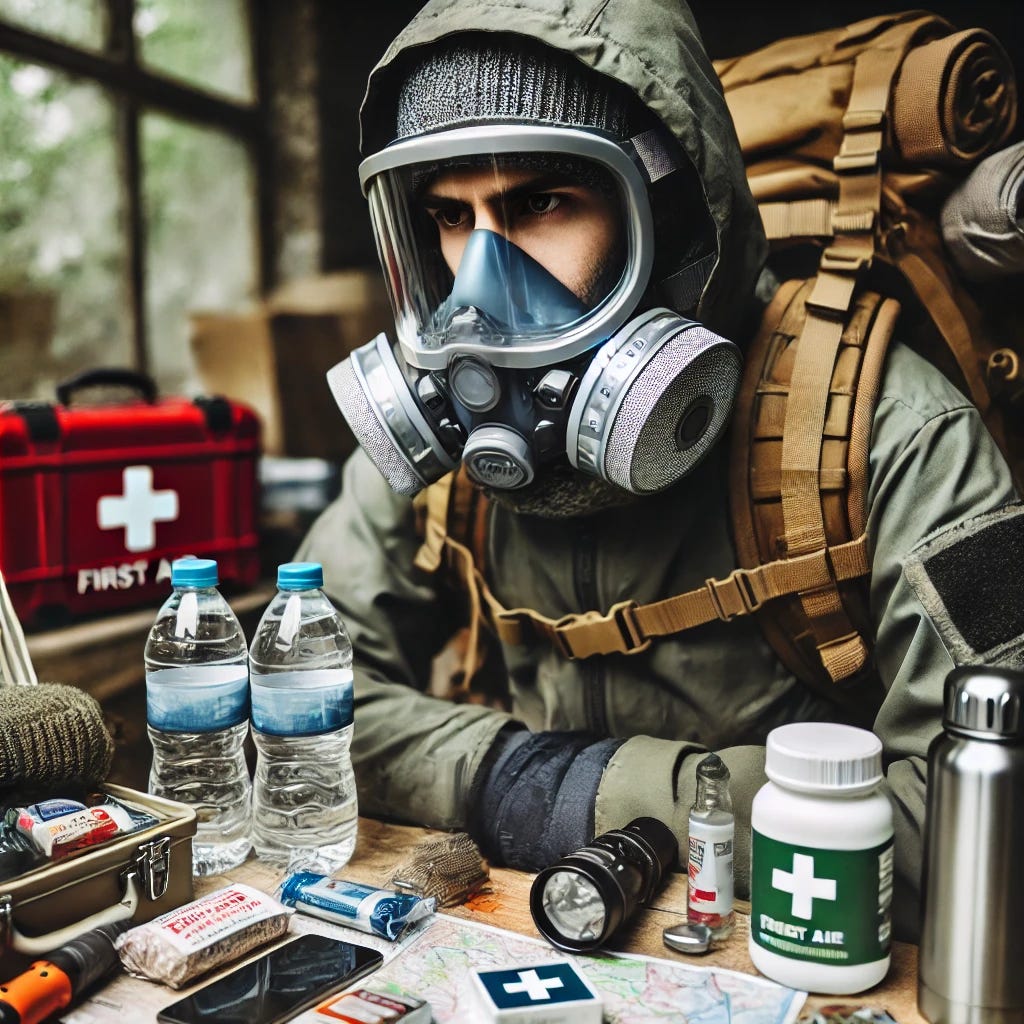 A person wearing antifog respiratory equipment, with a clear visor and a full face shield. The person appears focused and prepared, standing amidst a scene of essential survival gear. Items surrounding them include a first aid kit, water bottles, a flashlight, emergency food rations, a map, and a portable power bank. The environment is slightly rugged, with a backdrop of outdoor preparedness, conveying a sense of readiness for unforeseen circumstances. The individual is dressed in practical, outdoor clothing suitable for an emergency situation, exuding confidence and preparedness.