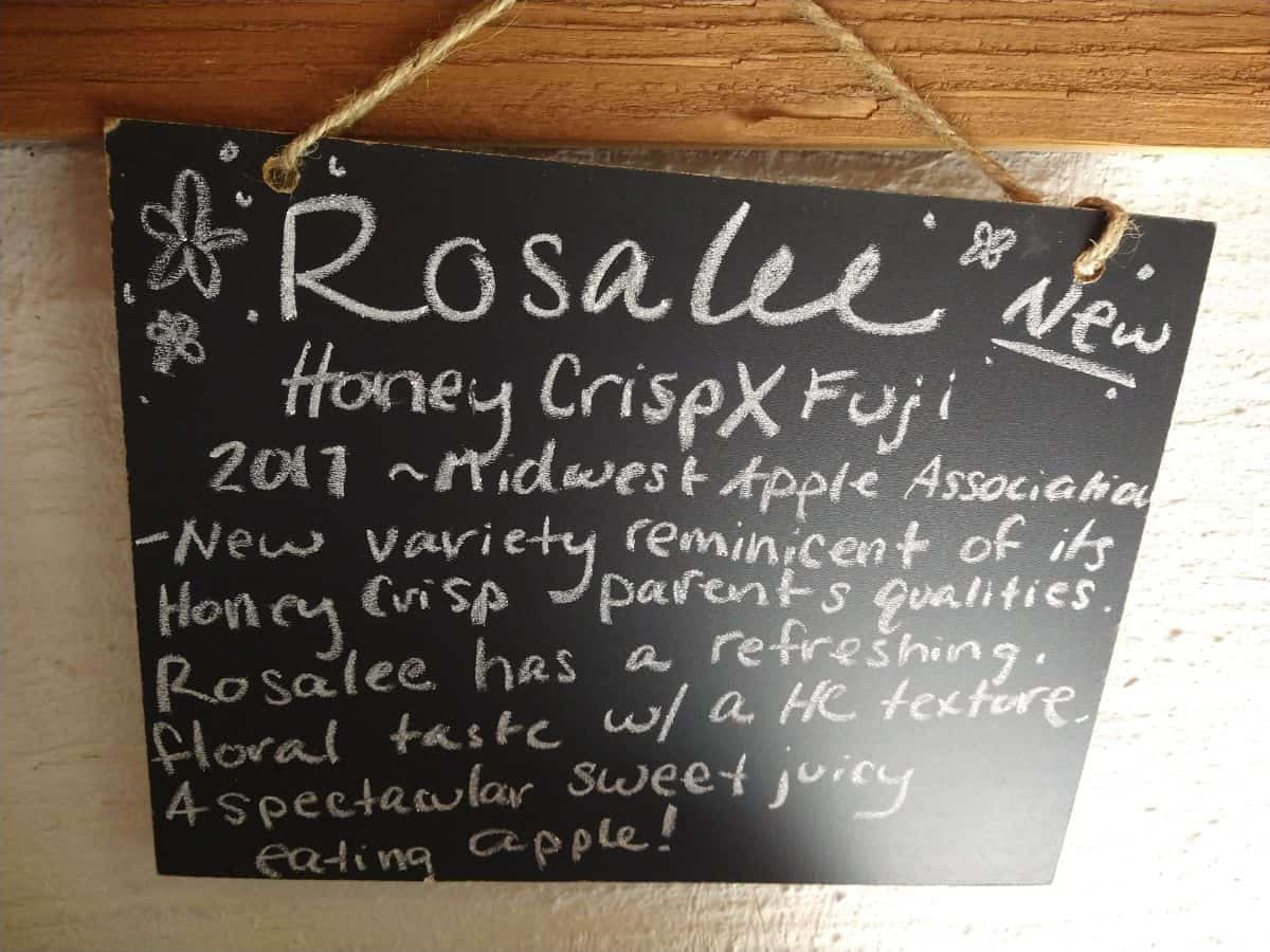 A sign at an apple orchard for Rosalee apples.