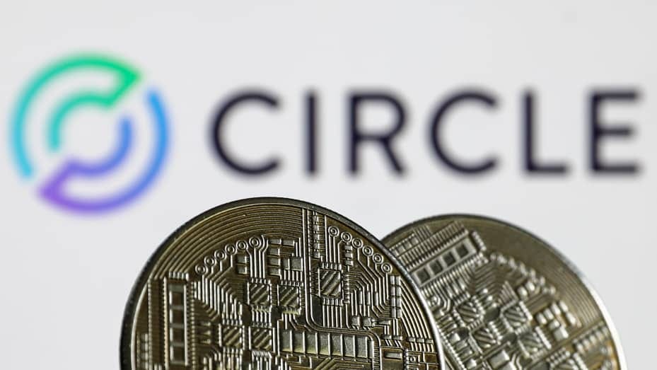 Representation of cryptocurrency and Circle logo displayed on a screen in the background are seen in this illustration photo taken in Krakow, Poland on June 10, 2022. (Photo by Jakub Porzycki/NurPhoto via Getty Images)